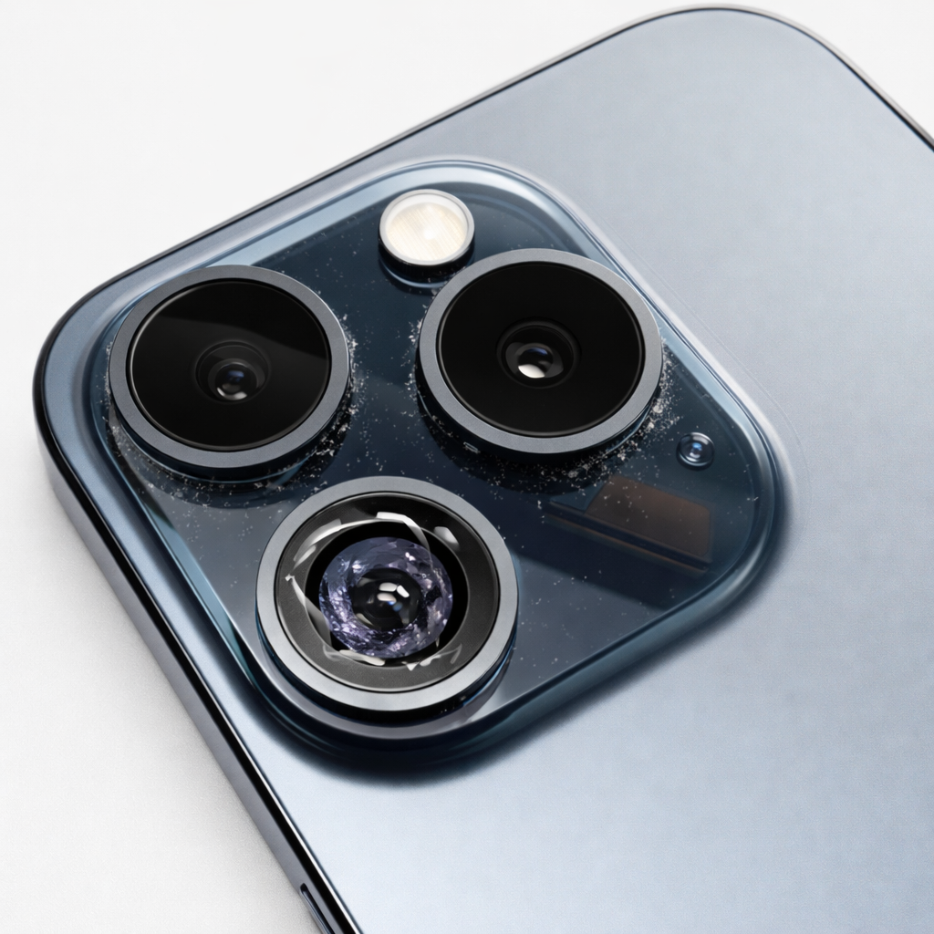 Engenheiro avaliando a lente quebrada para iniciar o conserto de câmera de iphone em recife na Conecta Phone