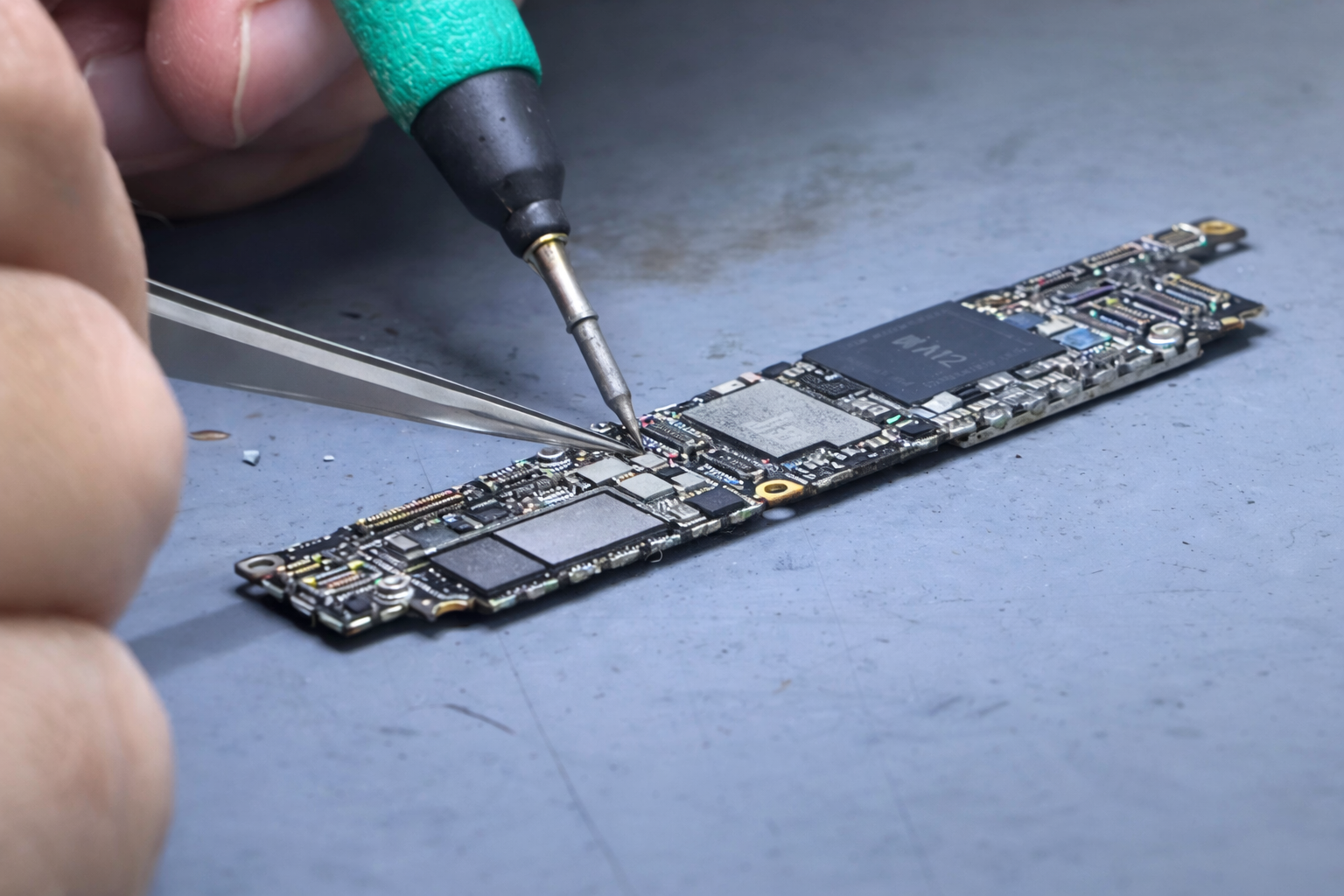 Engenheiro da Conecta Phone realizando o conserto de placa de iphone em recife usando microscópio trinocular